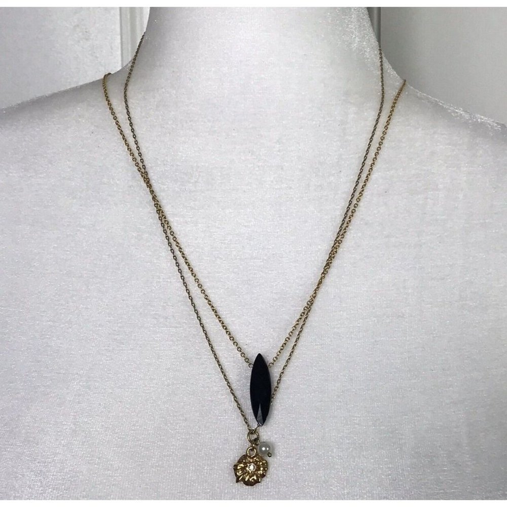 J Crew Gold Tone Flower Faux Pearl & Black Bead Necklaces on Chain Dainty Sweet
